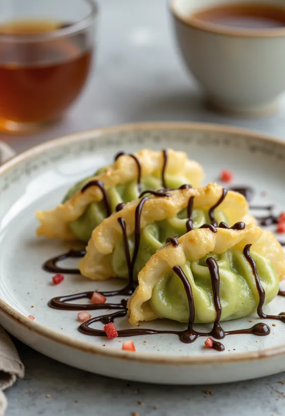 Gyoza doce com recheio de matcha e mascarpone servido com chocolate derretido