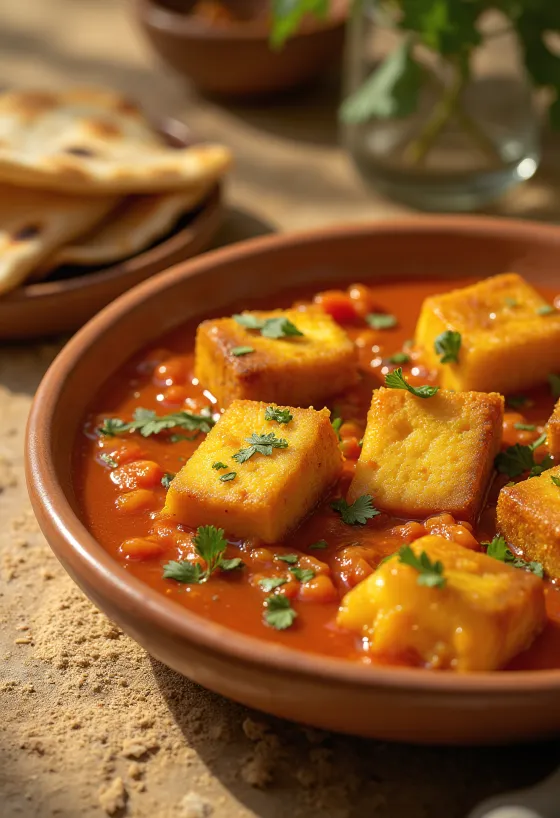 Curry picante de tofu servido com coentro e arroz