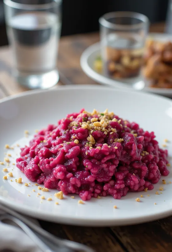 Risoto vegano de beterraba servido